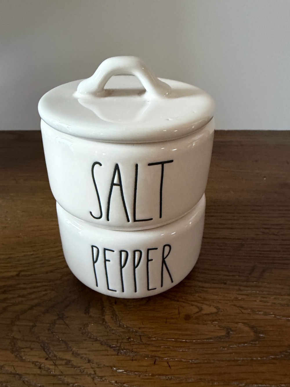 Rae Dunn Glossy White Ceramic Salt and Pepper Stacking Cellar Set.
